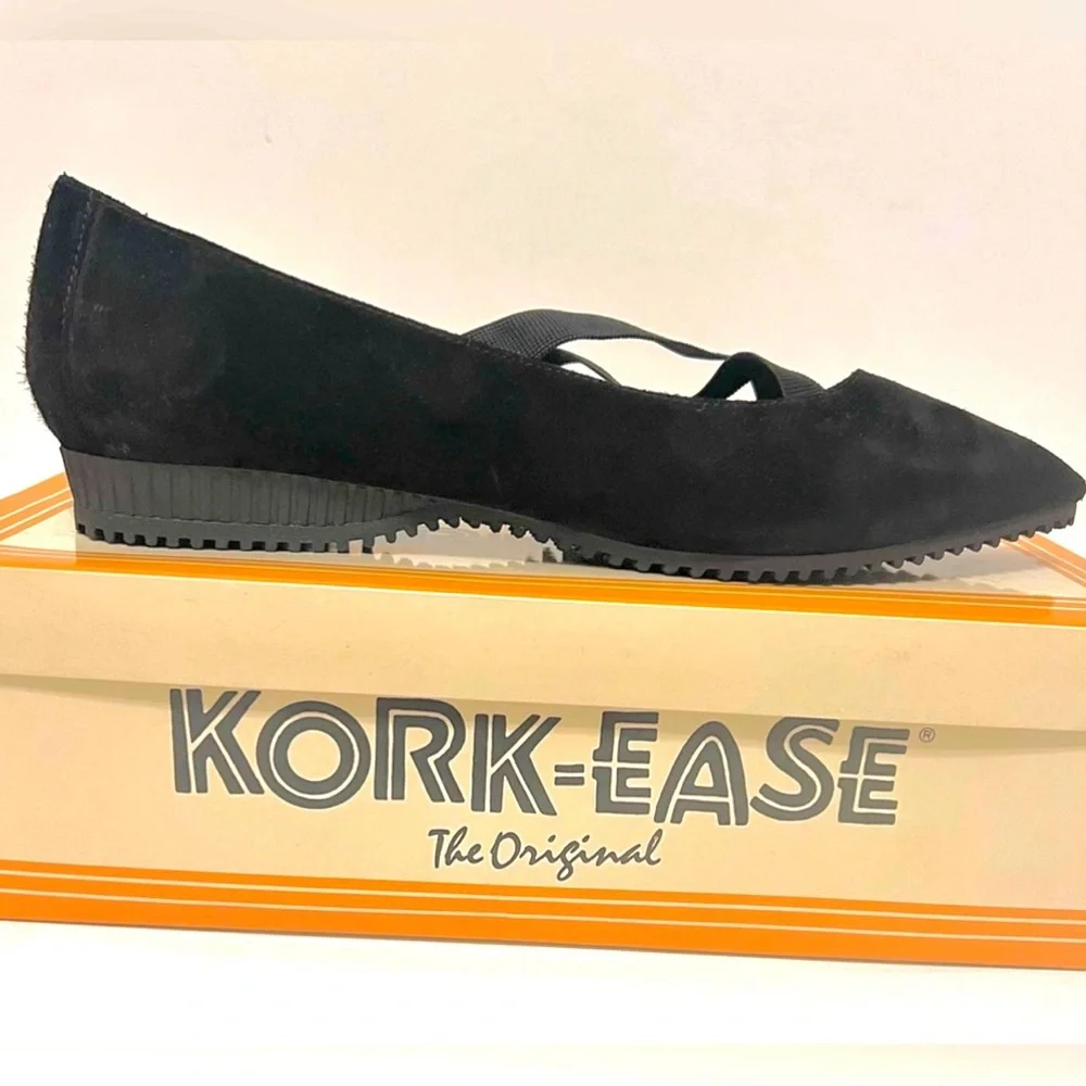 VTG Kork-Ease Deadstock Black Suede Ballet Flats Cross Straps 8.5M